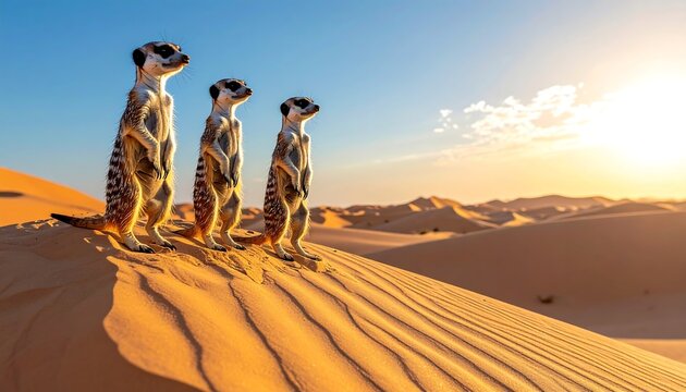 Meerkat trio on desert dune at sunset (1)