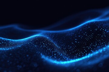 Abstract blue wave of glowing particles on dark background