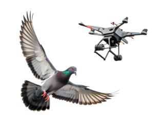 Pigeon with drone camera,isolated on white background