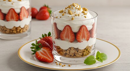 A beautiful and appetizing shot of a strawberry and cream dessert with a cookie crumb topping