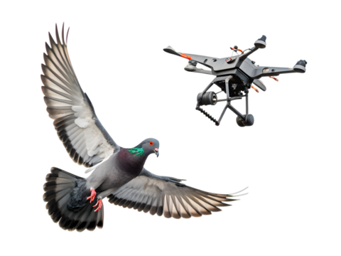 Pigeon with drone camera,isolated on white background
