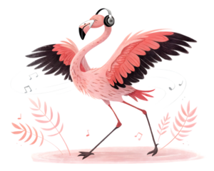 Joyful pink flamingo dances to music with headphones,isolated on white background