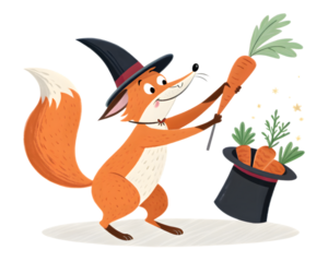 Magical fox conjuring carrots from a hat,isolated on white background