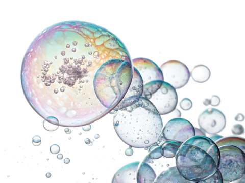 Floating iridescent bubbles with internal details,isolated on white background - Powered by Adobe