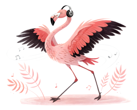 Joyful pink flamingo dances to music with headphones,isolated on white background
