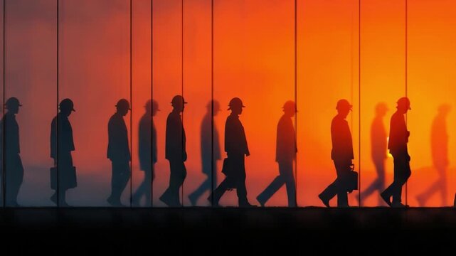 Silhouetted Commuters: A dramatic silhouette of individuals walking against a vibrant backdrop, symbolizing journey, routine, and the daily commute in this evocative image.