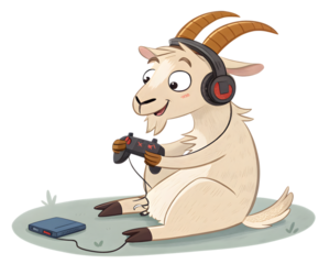 Cartoon goat gaming with headphones,isolated on white background