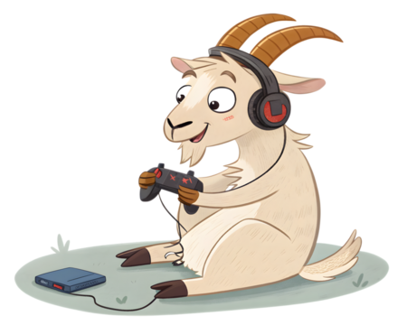 Cartoon goat gaming with headphones,isolated on white background
