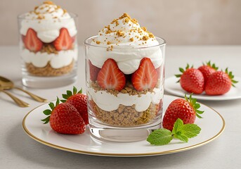 A beautiful and appetizing shot of a strawberry and cream dessert with a cookie crumb topping