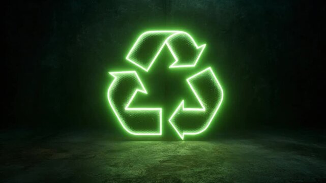 Neon Recycling Symbol: A vibrant, neon recycling symbol glows brightly against a textured, dark background, illuminating the crucial message of environmental responsibility and sustainability.