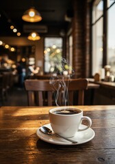 Coffee Cup on Wooden Table: A close-up shot of a steaming cup of coffee sits gracefully on a wooden table, its inviting aroma mingling with the soft light streaming through the window.