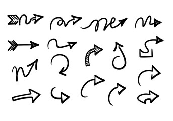 An array of seventeen black handdrawn arrows with various designs and directions on a white background