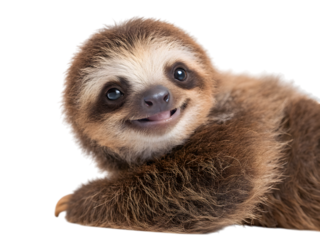 Adorable baby sloth smiling sweetly is perfect for heartwarming family content and animal lovers,isolated on white background