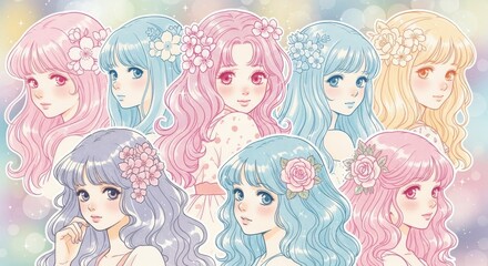 Whimsical pastel anime girls collage with soft colors and dreamy aesthetic