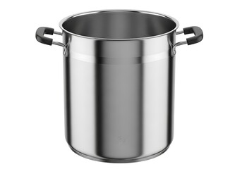 A tall shiny stainless steel cooking pot with two handles isolated on white background