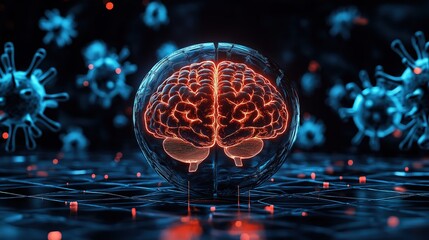 Two glowing shields protecting a delicate brain from shadowy disease tendrils, symbolizing health defense.