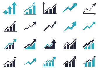 Twenty upwardpointing growth chart icons in blueteal and dark blueblack arranged on a white background