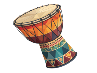 Vibrant djembe drum with geometric patterns evokes rhythm and cultural celebration, ready for music projects,isolated on white background