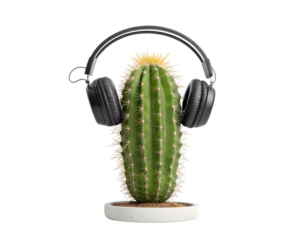 Listen to nature's sounds with this stylish cactus wearing headphones,isolated on white background