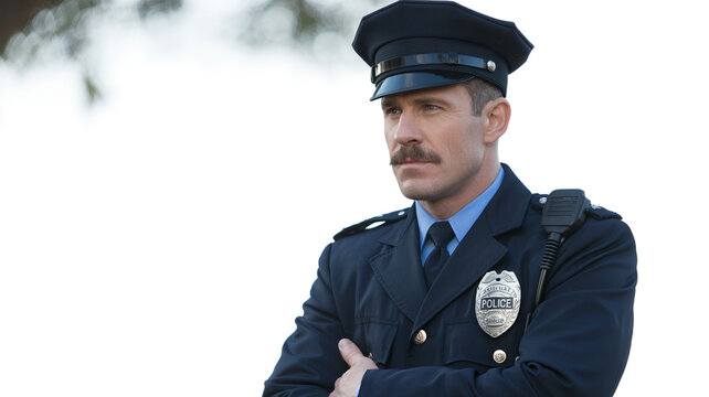 Serious policeman wearing a dark uniform and cap with a prominent mustache stands with arms crossed outdoors