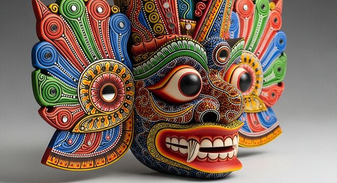 Colorful Traditional Sri Lankan Devil Mask &ndash; Intricate Handcrafted Wooden Art for Cultural D&eacute;cor