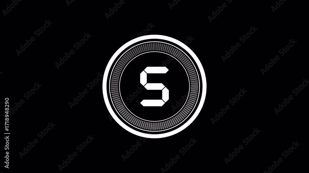 Poster 5 seconds countdown animation with white circle and numbers, modern minimalist timer on black backgr