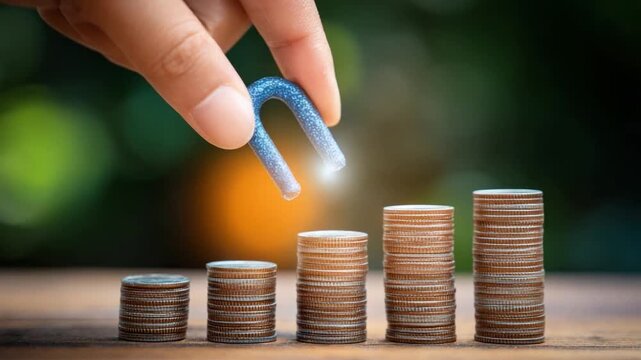 Magnetism of Wealth: A close-up shot captures the moment a hand positions a magnet over a meticulously stacked pile of coins, illustrating the concept of financial attraction and wealth accumulation.