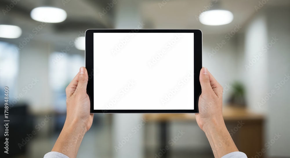 Poster hands holding tablet device with empty screen: a close-up shot features a person's hands, cradling a