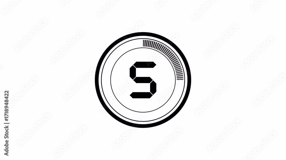 Poster 5 seconds countdown timer, white circular countdown animation with white numbers on black background