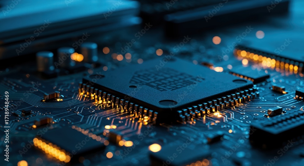 Poster digital circuitry: a detailed view of an intricate printed circuit board. it highlights the complex 