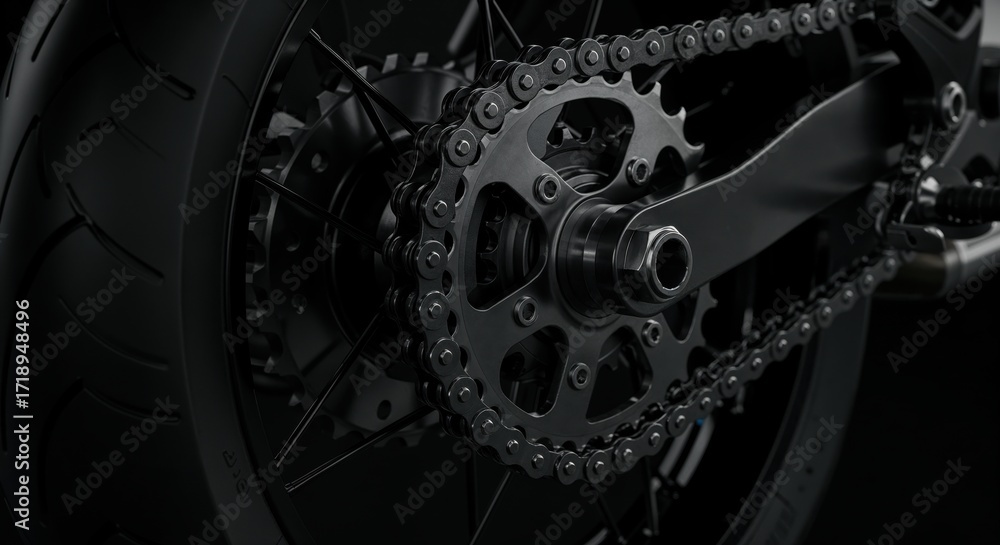 Poster the motorcycle's backbone: a detailed look at the intricate chain and sprocket system, showcasing me