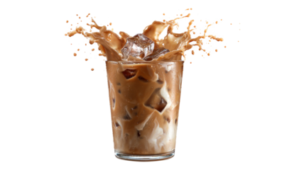 Splash iced coffee with milk and ice in a disposable glass isolated on a white background