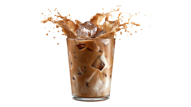 Splash iced coffee with milk and ice in a disposable glass isolated on a white background