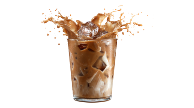 Splash iced coffee with milk and ice in a disposable glass isolated on a white background