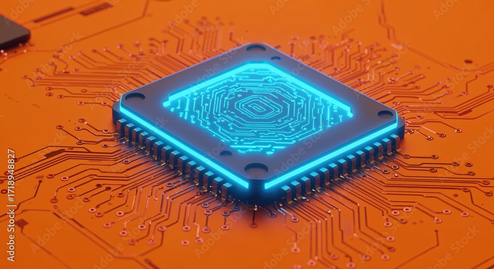Poster digital security core: a close-up view of a modern processor showcasing a glowing fingerprint, symbo