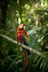 Obraz premium Vibrant scarlet macaw parrot perched on a branch in a lush tropical rainforest environment