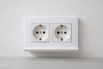 White wall outlet with two sockets mounted on a textured white wall above a lightgray surface