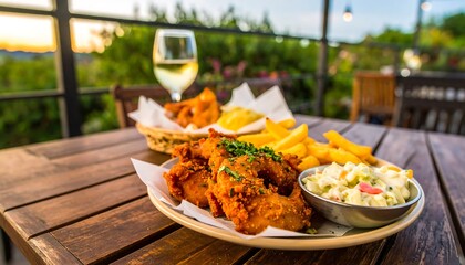 Outdoor dining with fried chicken and fries