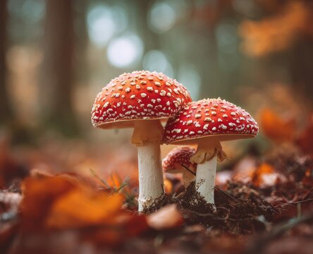 Two red toadstools among autumn leaves - Powered by Adobe