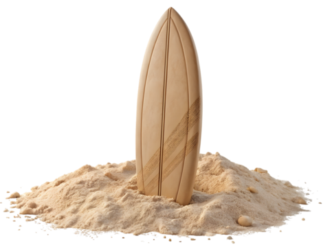 Vintage surfboard stands stylishly on golden sand,isolated on white background