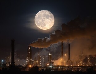 Obraz premium Nighttime industrial complex, illuminated under a full moon, emitting smoke