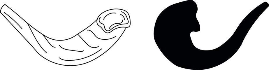 Outline Shofar beside its solid silhouette are isolated against a white transparent background