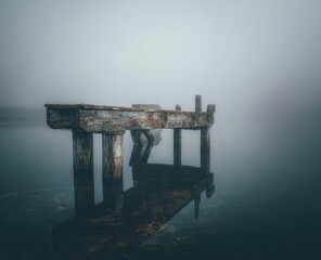 Weathered wooden pier reflected in still, foggy water