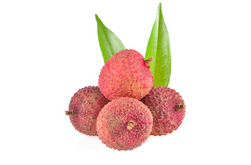 Lychee with leaves isolated on white background.