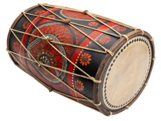 Intricate ethnic dholak drum featuring vibrant red floral motifs, perfect for cultural music events,isolated on white background