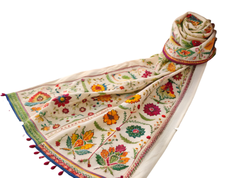 Elegant floral scarf with vibrant botanical patterns bringing sophisticated style and artistic touch to fashion,isolated on white background