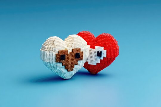 Two pixelated hearts, one white and one red, rest on a blue background