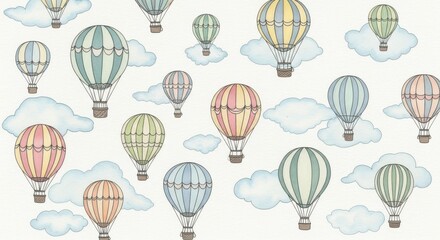 Whimsical hot air balloon pattern with soft clouds for gentle backgrounds