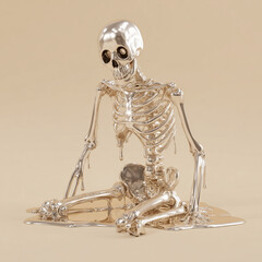 Skeleton figurine knees down and melting. Spooky concept decoration for event, creative composition 