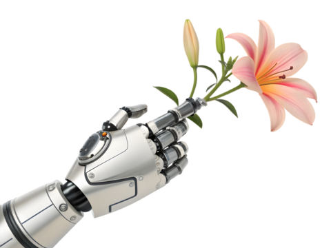 Robot hand holding a flower, isolated on white background